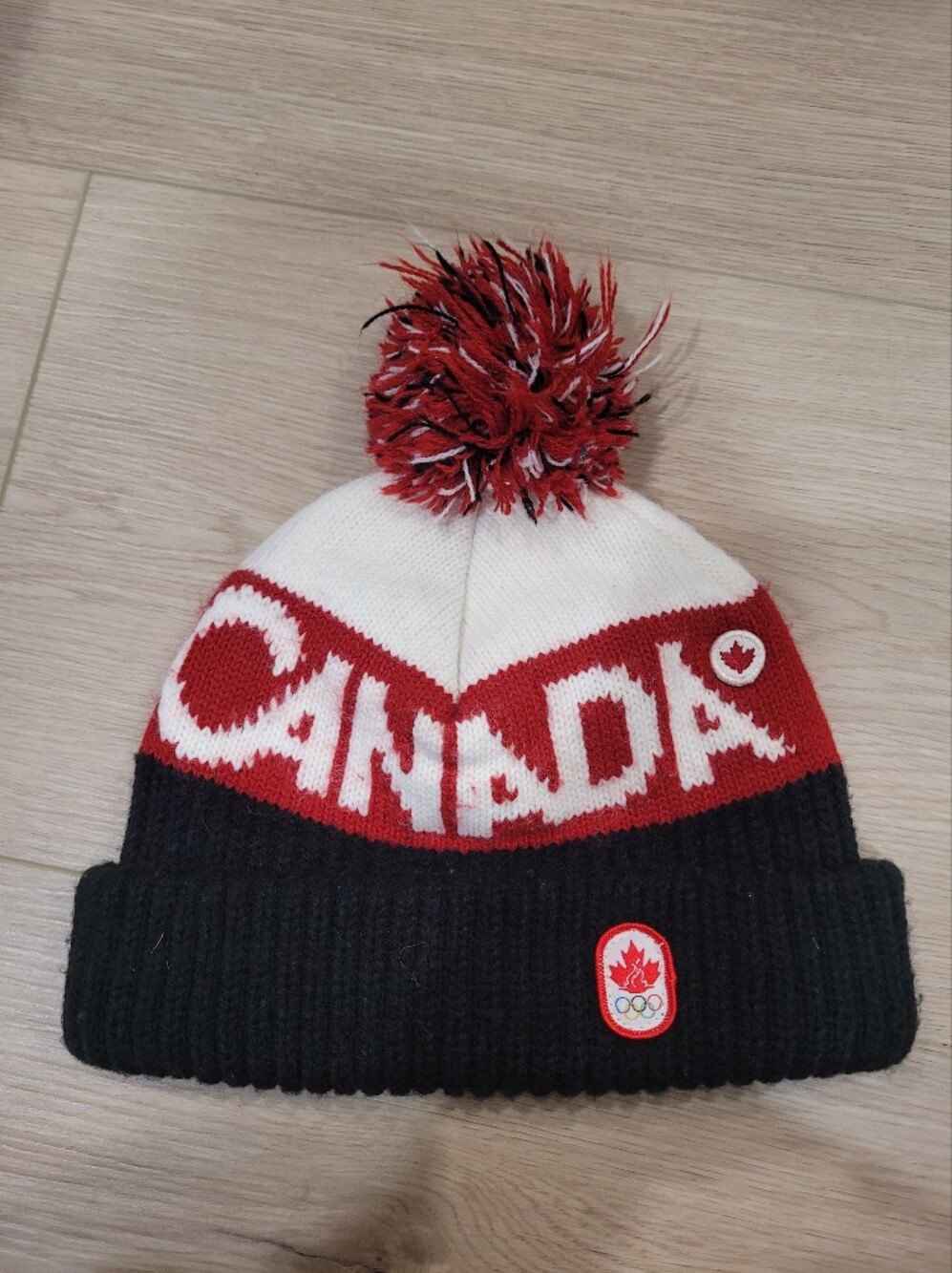 Hudsons Bay Youth Red, White & Black Pom Beanie - Canada Logo